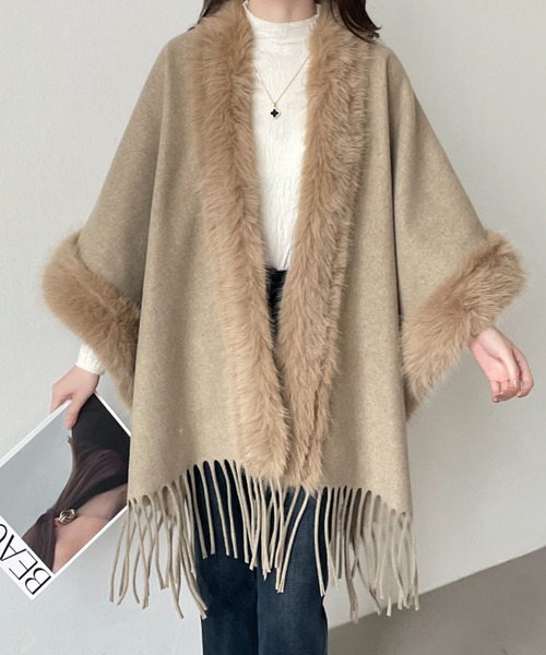 ABITOKYO（アビトーキョー）の「フリンジファードッキングメルトンポンチョ（ポンチョ・レディース・モカ/ベージュ/ブラック/チャコールグレー・FREE）」の14枚目の写真