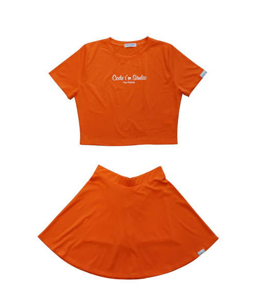 CODE I'M(�R�[�h�A�C�G��)��Purfemme Logo Print Crop Tee Skirt Two Piece Set Orange(�Z�b�g�A�b�v)