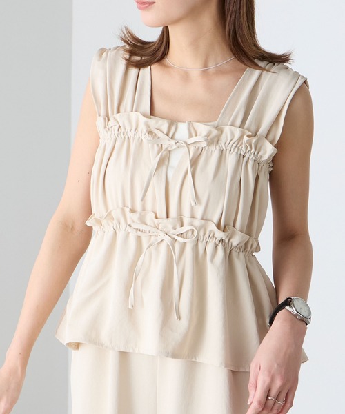 BONLECILL（ボンルシール）の「【マシンウォッシャブル/速乾/イージーケア】ギャザーリボンサロペット/オールインワン（サロペット/オーバーオール・レディース・アイボリー/チャコールグレー/ブラック/カーキ・L/M）」の20枚目の写真