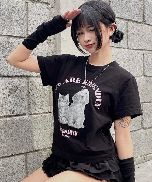 ROYALLIFE(ロイヤルライフ)の「RL1014キャットアンドドックハーフトーン半袖 - ブラック(Tシャツ/カットソー・レディース・ブラック・X-LARGE/LARGE)」の1枚目の写真