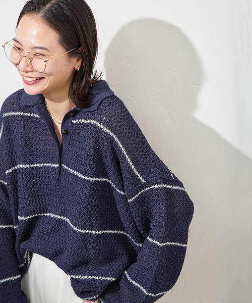 JOURNAL STANDARD(ジャーナルスタンダード)の「ペーパーヤーンMIXポロカラープルオーバー(ニット/セーター・レディース・ベージュ/ベージュ系その他/ネイビー・FREE)」の1枚目の写真