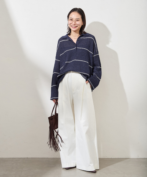 JOURNAL STANDARD（ジャーナルスタンダード）の「ペーパーヤーンMIXポロカラープルオーバー（ニット/セーター・レディース・ベージュ系その他/ベージュ/ネイビー・FREE）」の12枚目の写真
