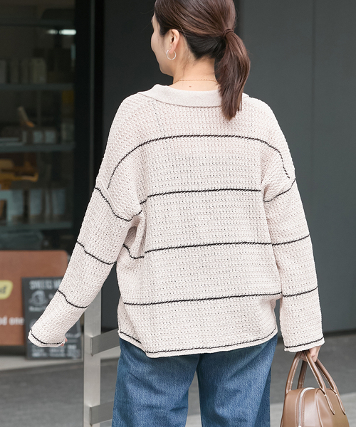 JOURNAL STANDARD（ジャーナルスタンダード）の「ペーパーヤーンMIXポロカラープルオーバー（ニット/セーター・レディース・ベージュ系その他/ベージュ/ネイビー・FREE）」の8枚目の写真