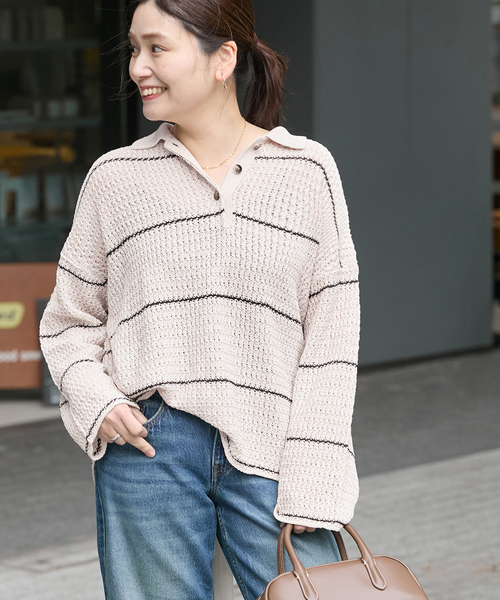 JOURNAL STANDARD（ジャーナルスタンダード）の「ペーパーヤーンMIXポロカラープルオーバー（ニット/セーター・レディース・ベージュ系その他/ベージュ/ネイビー・FREE）」の7枚目の写真