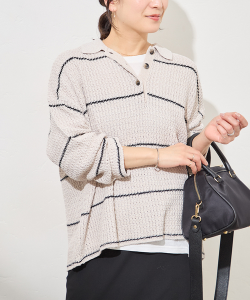 JOURNAL STANDARD(ジャーナルスタンダード)の「ペーパーヤーンMIXポロカラープルオーバー(ニット/セーター・レディース・ベージュ/ベージュ系その他/ネイビー・FREE)」の9枚目の写真