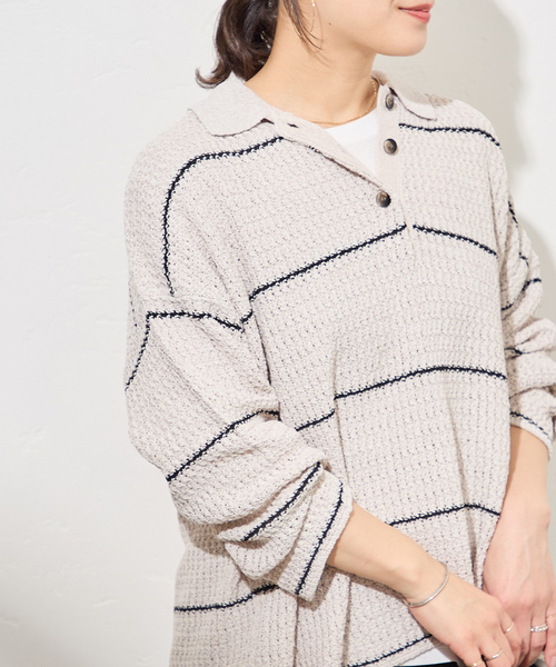 JOURNAL STANDARD(ジャーナルスタンダード)の「ペーパーヤーンMIXポロカラープルオーバー(ニット/セーター・レディース・ベージュ/ベージュ系その他/ネイビー・FREE)」の10枚目の写真