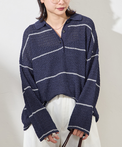 JOURNAL STANDARD(ジャーナルスタンダード)の「ペーパーヤーンMIXポロカラープルオーバー(ニット/セーター・レディース・ベージュ/ベージュ系その他/ネイビー・FREE)」の16枚目の写真