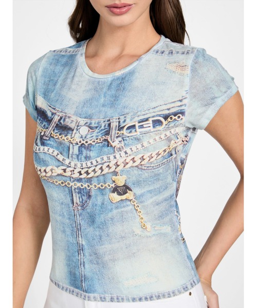 Guess（ゲス）の「Short Sleeves Denim Sub R5 Tee Tシャツ（Tシャツ/カットソー・レディース・ネイビー・MEDIUM/SMALL/X-SMALL）」の3枚目の写真