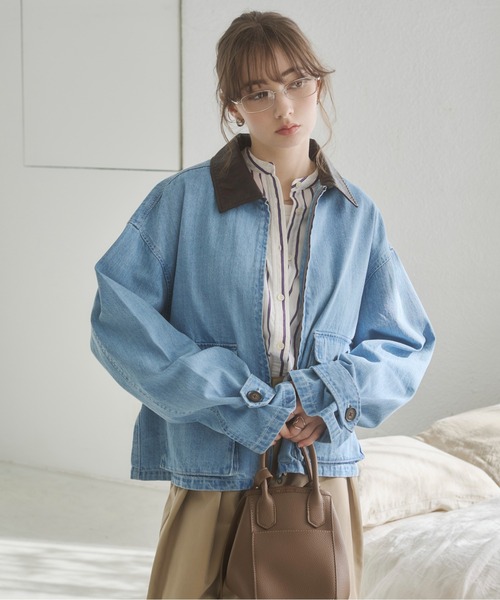 ANGIE(アンジー)の「レザーカラー ショート丈 ワークブルゾン(ブルゾン・レディース・ブルー/ベージュ/ネイビー・FREE)」の7枚目の写真