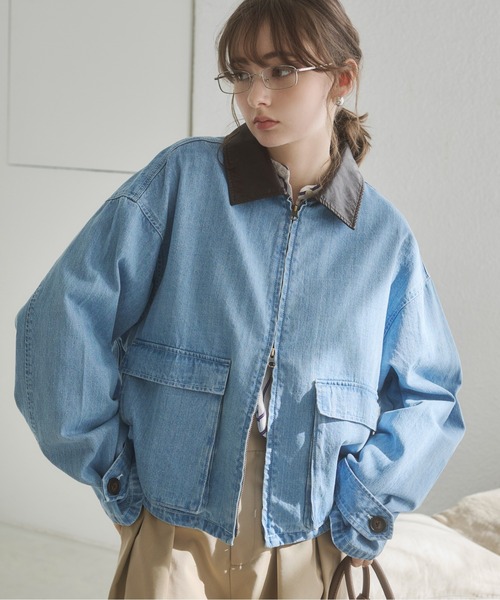 ANGIE(アンジー)の「レザーカラー ショート丈 ワークブルゾン(ブルゾン・レディース・ブルー/ベージュ/ネイビー・FREE)」の12枚目の写真