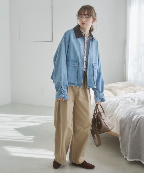 ANGIE(アンジー)の「レザーカラー ショート丈 ワークブルゾン(ブルゾン・レディース・ブルー/ベージュ/ネイビー・FREE)」の22枚目の写真