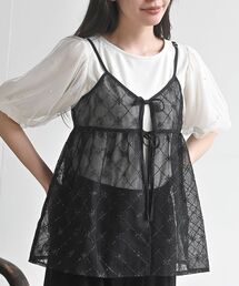 花柄刺繍前開きダブルリボンキャミチュニック