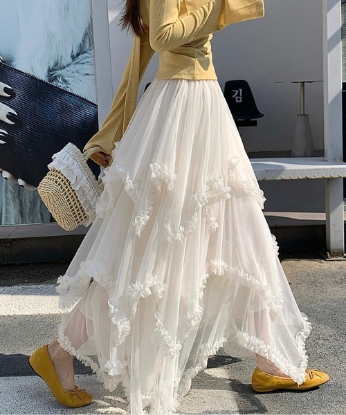 CHUL（チュル）の「アシンメトリーフリルティアードチュールスカート（スカート・レディース・アイボリー・FREE）」の2枚目の写真