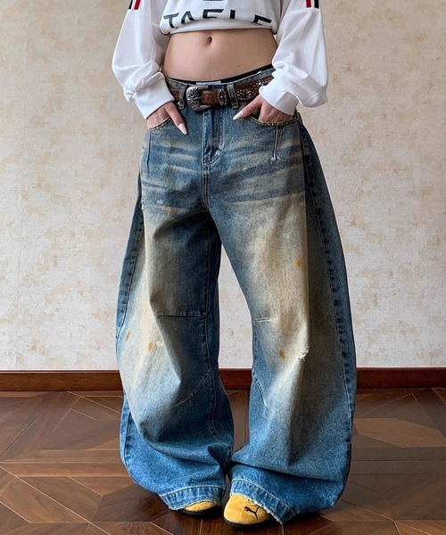 VIBGYOR(ヴィブジョー)の「【EIZZ/アイズ】ワイド ルーズフィット ヴィンテージ加工 3Dバギーデニムパンツ(デニムパンツ・レディース・ブルー・FREE)」の1枚目の写真