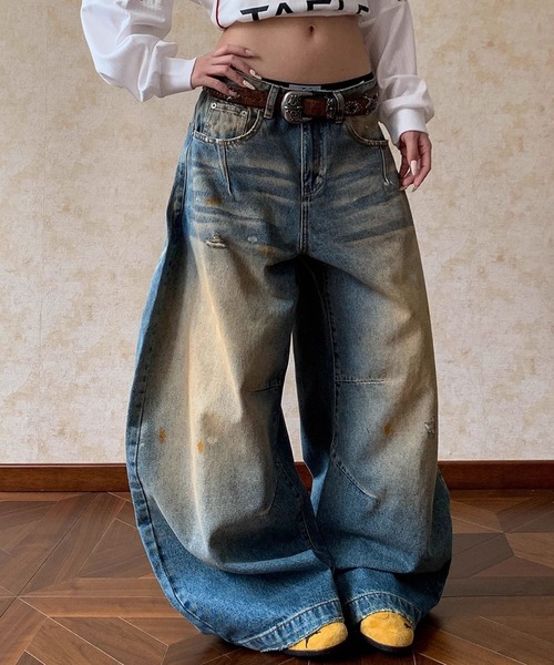 VIBGYOR(ヴィブジョー)の「【EIZZ/アイズ】ワイド ルーズフィット ヴィンテージ加工 3Dバギーデニムパンツ(デニムパンツ・レディース・ブルー・FREE)」の2枚目の写真