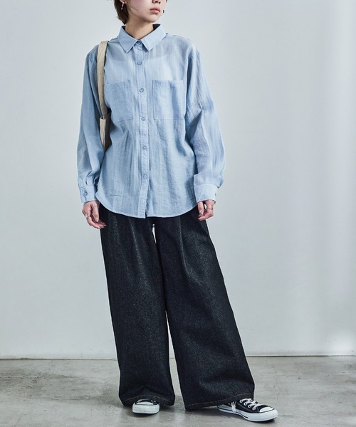 Fashion Letter（ファッションレター）の「オーバーサイズ シアーシャツ（シャツ/ブラウス・レディース・ブラック/サックスブルー/オフホワイト・M/L）」の6枚目の写真