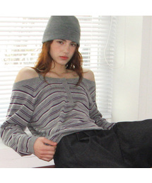 rolarola ピンクストライプオフショルダーニット MAISON DE ROLA EMBROIDERY KNIT PINK - ROLAROLA | 60% - Asian