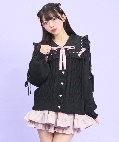 Secret Honey（シークレットハニー）の「肩レースアップミドルゲージニットカーディガン（ニット/セーター・レディース・オフホワイト/ブラック・FREE）」の2枚目の写真