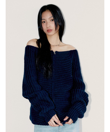 OFF SHOULDER KNIT ZIP-UP, NAVY