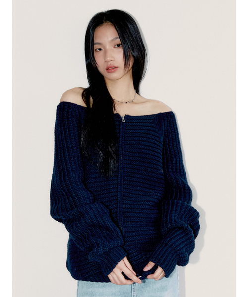 OFF SHOULDER KNIT ZIP-UP, NAVY 【公式通販】