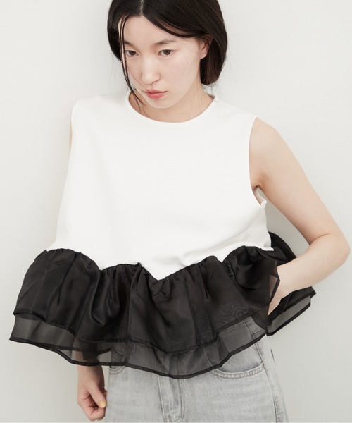 OFROOM(オフルーム)の「Sheer Peplum Sleeveless Top|シアーペプラムスリーブレストップス(Tシャツ/カットソー・レディース・グレー×ホワイト/ブラック/アイボリー/ブラック系/ホワイト系/ホワイト系1/ブラック系1・FREE)」の20枚目の写真