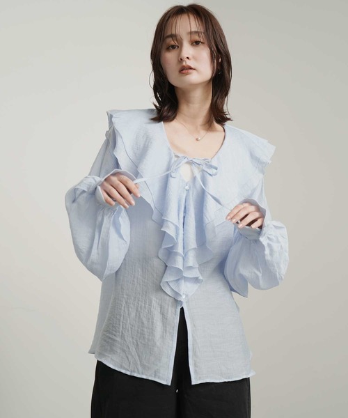 Bulue.(ブルー)の「【Bulue.】シアーシャツ ラッフルカラー ブラウス(シャツ/ブラウス・レディース・ピンク/ブラック/オフホワイト/ブルー・FREE)」の6枚目の写真
