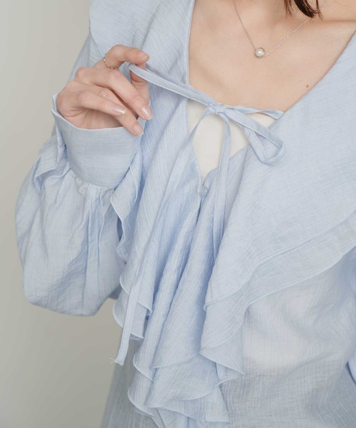 Bulue.(ブルー)の「【Bulue.】シアーシャツ ラッフルカラー ブラウス(シャツ/ブラウス・レディース・ピンク/ブラック/オフホワイト/ブルー・FREE)」の9枚目の写真