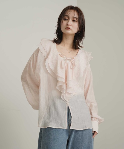 Bulue.(ブルー)の「【Bulue.】シアーシャツ ラッフルカラー ブラウス(シャツ/ブラウス・レディース・ピンク/ブラック/オフホワイト/ブルー・FREE)」の15枚目の写真