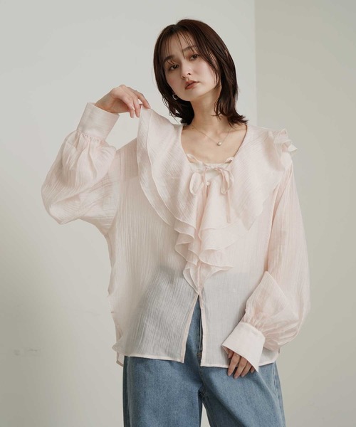 Bulue.(ブルー)の「【Bulue.】シアーシャツ ラッフルカラー ブラウス(シャツ/ブラウス・レディース・ピンク/ブラック/オフホワイト/ブルー・FREE)」の19枚目の写真