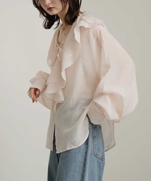 Bulue.(ブルー)の「【Bulue.】シアーシャツ ラッフルカラー ブラウス(シャツ/ブラウス・レディース・ピンク/ブラック/オフホワイト/ブルー・FREE)」の20枚目の写真