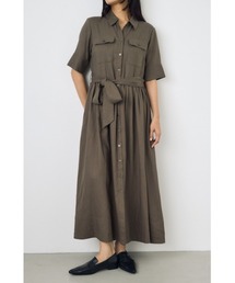 【身長/骨格別着用画像あり】リネンベルテッドフレアボタンワンピース 夏服 春服 秋服 半袖 シャツワンピ
