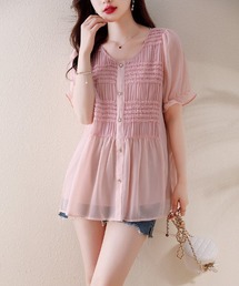 シフォン」に該当するトップス（ピンク/桃色系・半袖）ファッション 