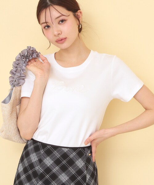 index(インデックス)の「【接触冷感/UVケア】リボンテープロゴTシャツ《洗濯機OK》(Tシャツ/カットソー・レディース・オフホワイト/ネイビー系5/ピンク/ダークグレー・40/38/36)」の1枚目の写真