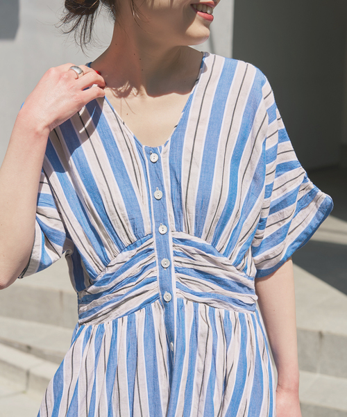 Spick & Span(スピックアンドスパン)の「《WEB限定追加》ne Quittez pas Cotton Voile Stripe Waist Gather Dress(ワンピース・レディース・ラベンダー/ブルー・MEDIUM)」の4枚目の写真