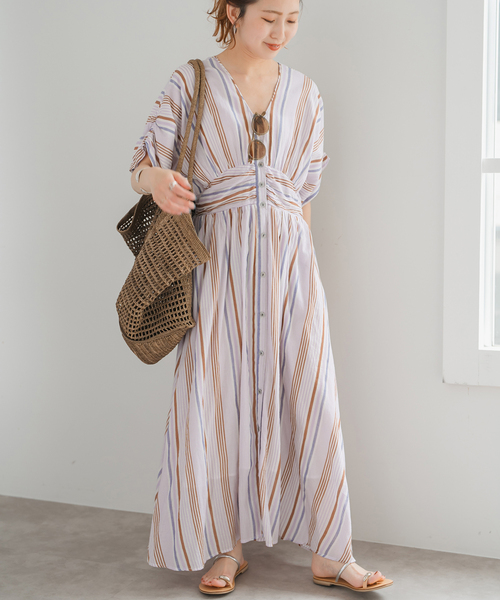 Spick & Span(スピックアンドスパン)の「《WEB限定追加》ne Quittez pas Cotton Voile Stripe Waist Gather Dress(ワンピース・レディース・ラベンダー/ブルー・MEDIUM)」の8枚目の写真