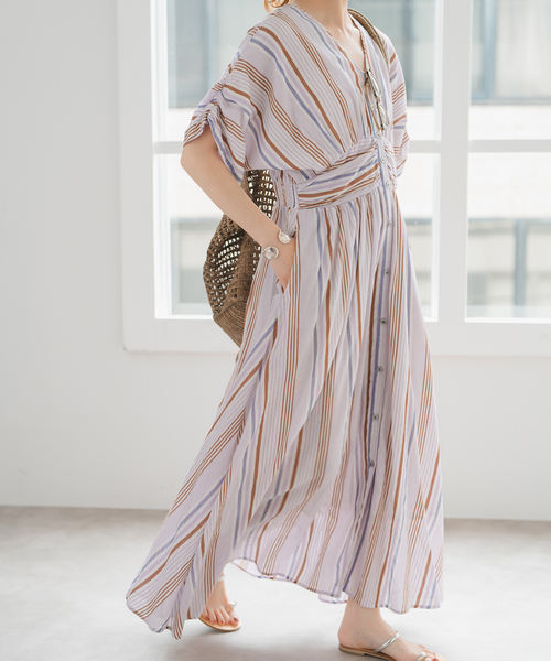Spick & Span(スピックアンドスパン)の「《WEB限定追加》ne Quittez pas Cotton Voile Stripe Waist Gather Dress(ワンピース・レディース・ラベンダー/ブルー・MEDIUM)」の9枚目の写真