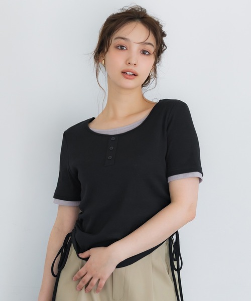 coca(coca)(コカ)の「サイドギャザーレイヤードTシャツ(Tシャツ/カットソー・レディース・グレー/ブラック・L/M/S)」の1枚目の写真