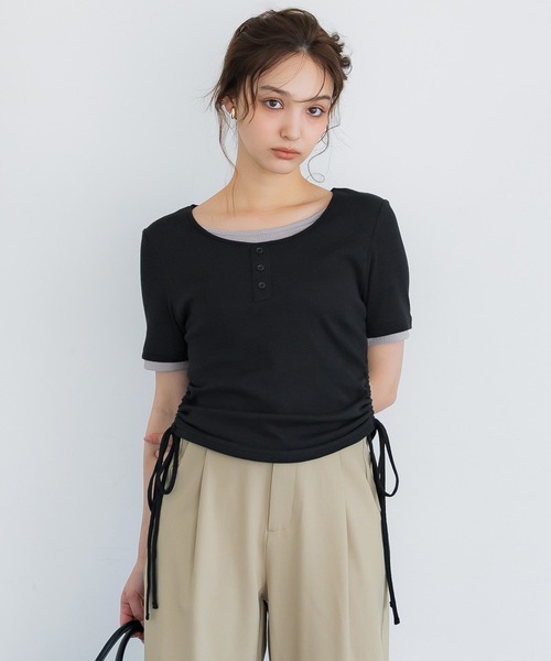 coca(coca)(コカ)の「サイドギャザーレイヤードTシャツ(Tシャツ/カットソー・レディース・グレー/ブラック・L/M/S)」の5枚目の写真