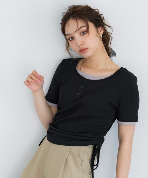 coca(coca)(コカ)の「サイドギャザーレイヤードTシャツ(Tシャツ/カットソー・レディース・グレー/ブラック・L/M/S)」の6枚目の写真