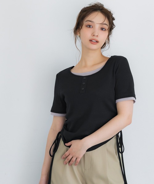 coca(coca)(コカ)の「サイドギャザーレイヤードTシャツ(Tシャツ/カットソー・レディース・グレー/ブラック・L/M/S)」の10枚目の写真