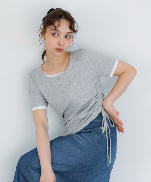 coca(coca)(コカ)の「サイドギャザーレイヤードTシャツ(Tシャツ/カットソー・レディース・グレー/ブラック・L/M/S)」の13枚目の写真