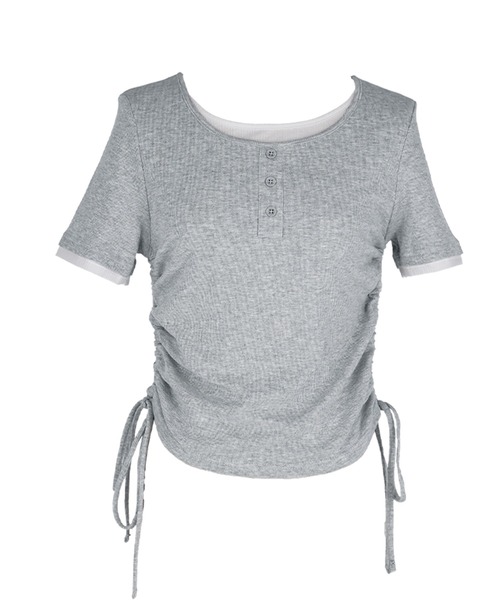 coca(coca)(コカ)の「サイドギャザーレイヤードTシャツ(Tシャツ/カットソー・レディース・グレー/ブラック・L/M/S)」の3枚目の写真