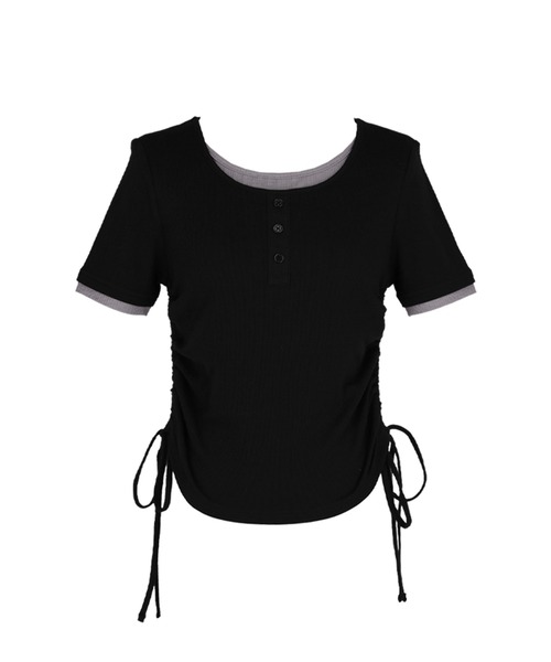 coca(coca)(コカ)の「サイドギャザーレイヤードTシャツ(Tシャツ/カットソー・レディース・グレー/ブラック・L/M/S)」の4枚目の写真
