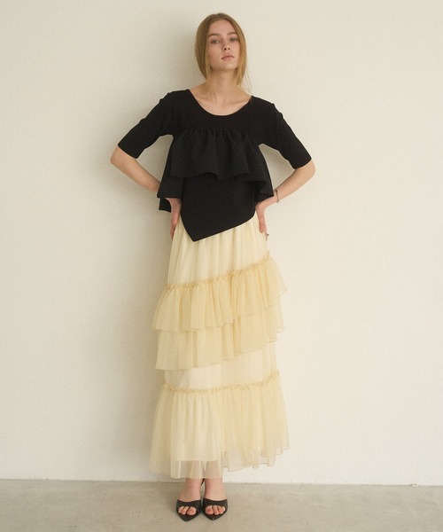 MIELI INVARIANT(ミエリインヴァリアント)の「Lame Tulle Tiered Skirt(スカート・レディース・アイボリー/グレー系その他/ブラック・FREE)」の5枚目の写真