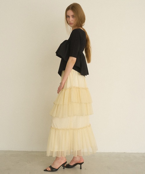 MIELI INVARIANT(ミエリインヴァリアント)の「Lame Tulle Tiered Skirt(スカート・レディース・アイボリー/グレー系その他/ブラック・FREE)」の6枚目の写真