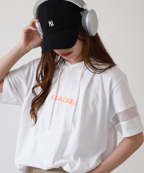 atONE(アットワン)の「ロゴ刺繍袖メッシュ半袖パーカー(パーカー・レディース・ブラック/オフホワイト・M)」の2枚目の写真