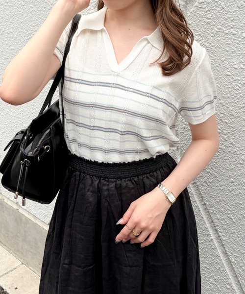 MISCH MASCH（ミッシュマッシュ）の「2026春夏新作 配色ボーダースキッパーニット（ニット/セーター・レディース・ブルー/ピンク・ﾌﾘ-）」の4枚目の写真