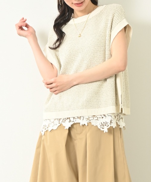 aunt lily(アントリリー)の「2WAY ラメ入りツイード編みニットジレ / ニットジレ ベスト ツイード風 ラメニット 2WAY 前後着用 羽織り レイヤード 大人カジュアル きれいめ(ベスト・レディース・ネイビー/ゴールド・M/L/3L/S)」の2枚目の写真