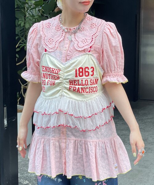 HELLO.SANFRANCISCO(ハローサンフランシスコ)の「【HELLO.SANFRANCISCO/ハローサンフランシスコ】フリルレースチュニック半袖ブラウス(シャツ/ブラウス・レディース・ピンク/イエロー/ホワイト・ONE SIZE)」の3枚目の写真