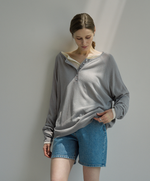 VLETI（ブレッティ）の「Linen Blend Raglan Half Button Knit (gray)（ニット/セーター・レディース・グレー・FREE）」の3枚目の写真